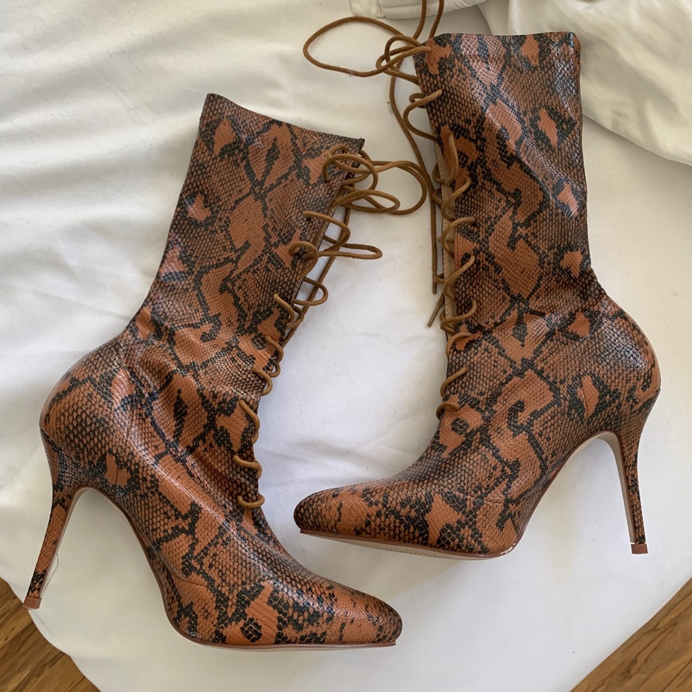 Brown Snake Print Lace Up Heel Boot